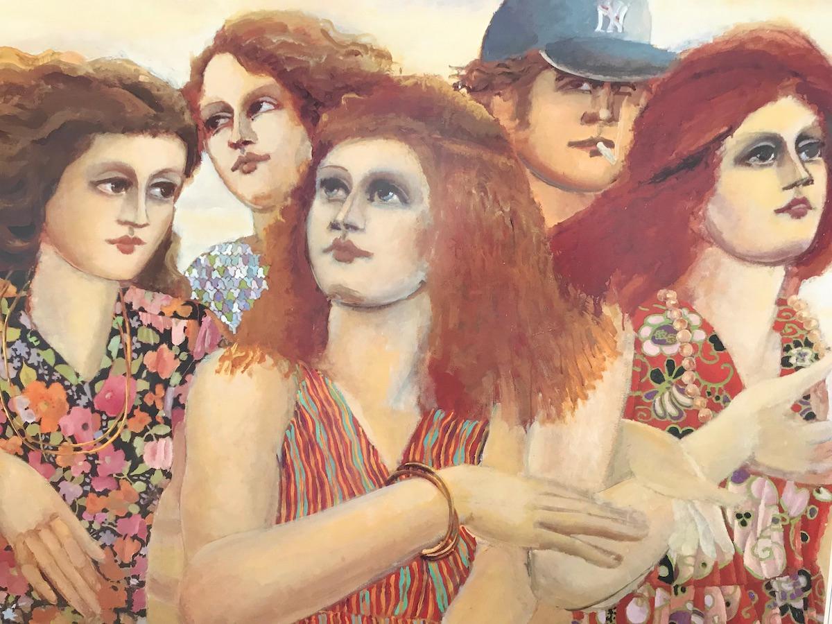 GROUP WALKING 1982 NYC Exhibition Poster, Figurative Portrait, Women Auburn Hair - Print by Lester Johnson