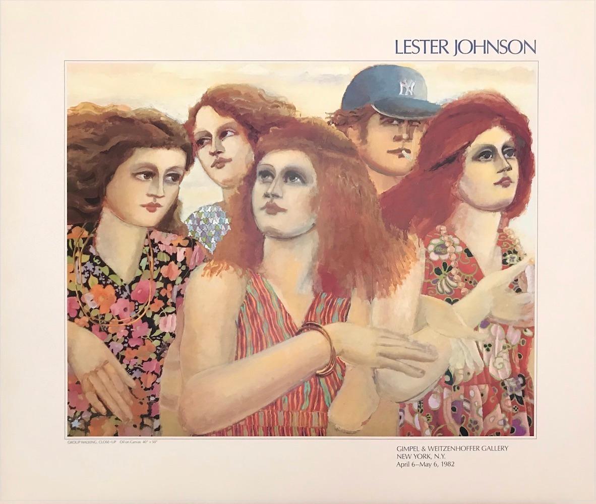 Figurative Print Lester Johnson - Affiche d'exposition NYC GROUP WALKING 1982, portrait figuratif, femmes aux cheveux d'auburn