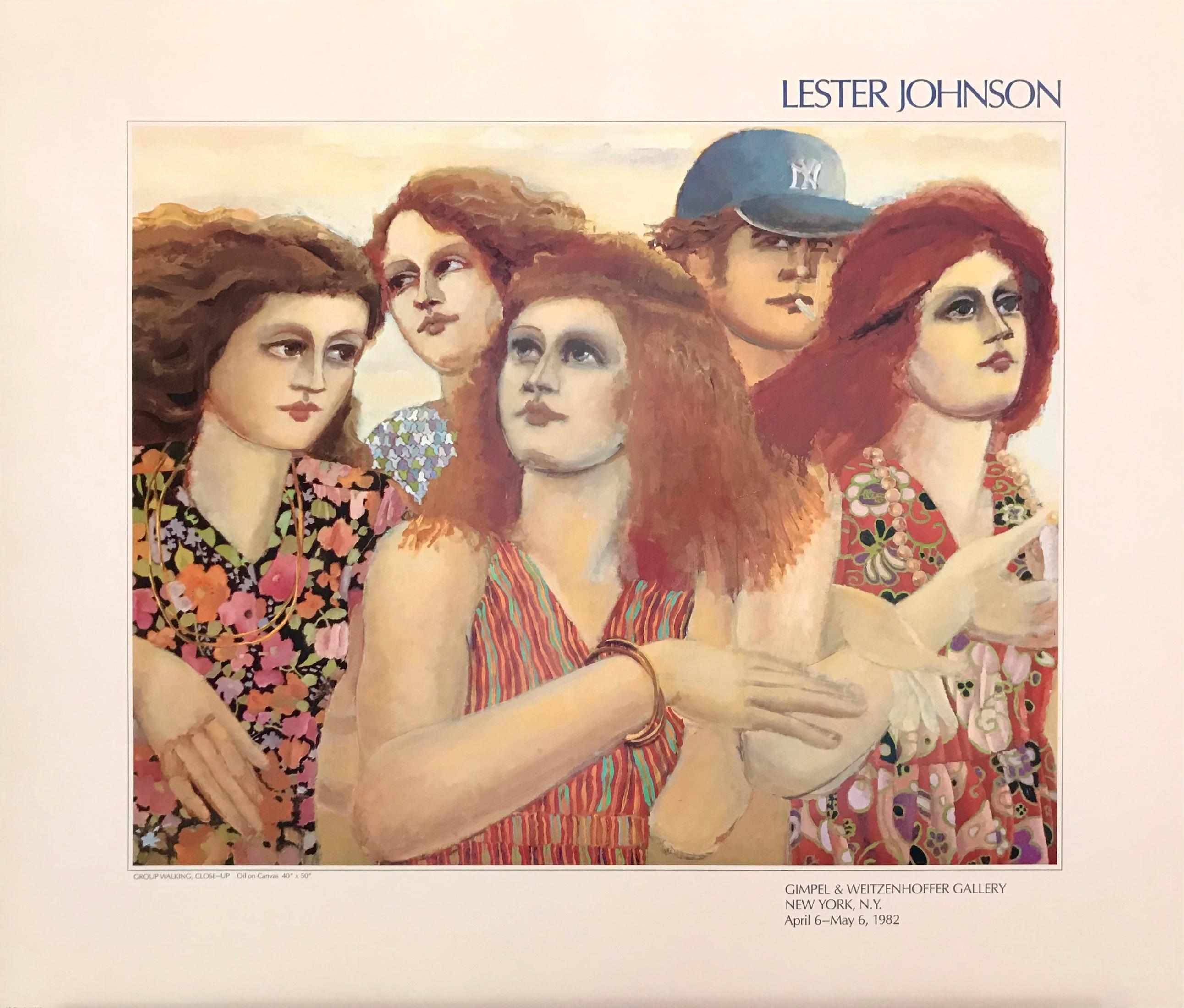Figurative Print di Lester Johnson - Poster della mostra GROUP WALKING 1982 NYC, donne alla moda con i capelli color arancio