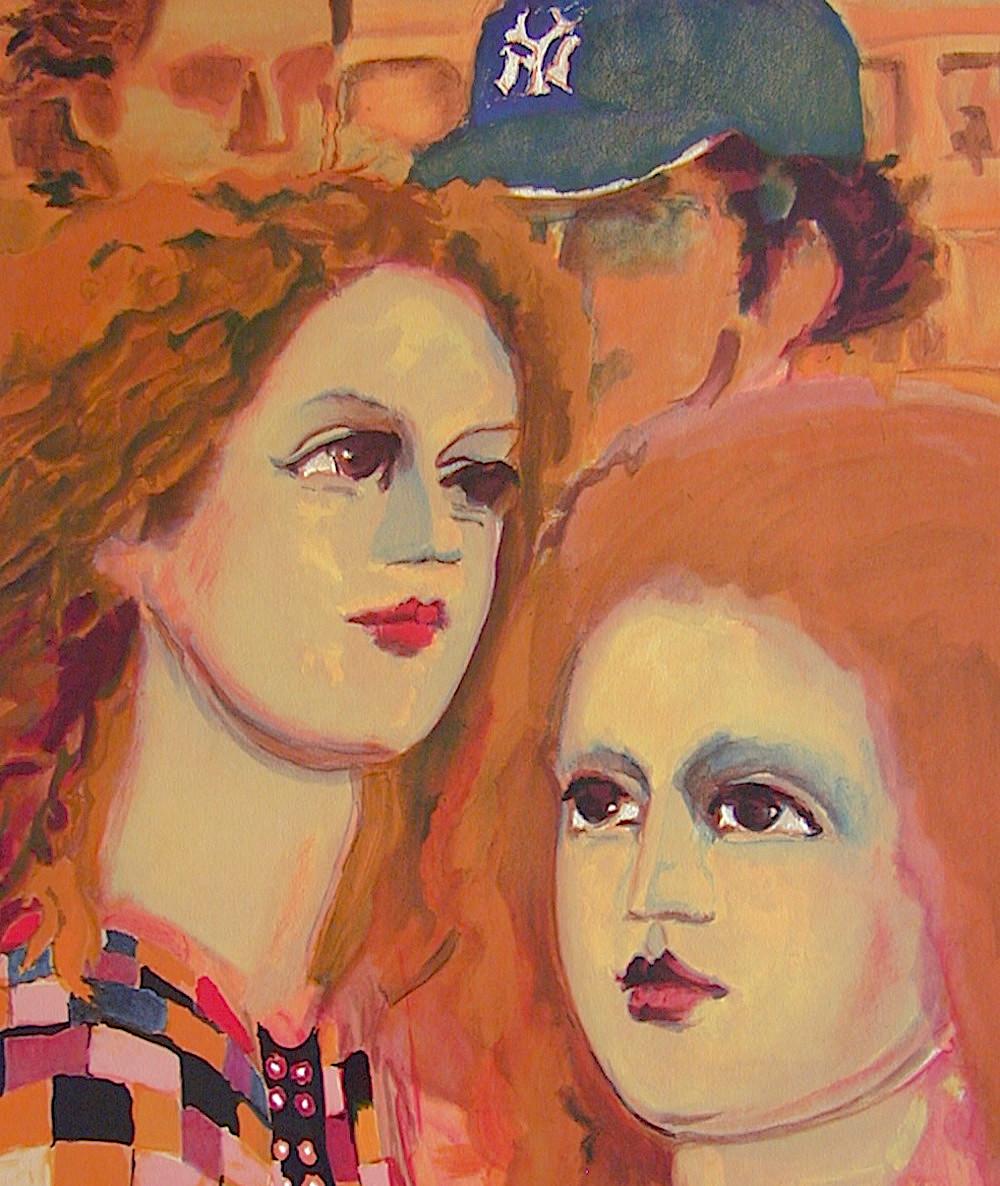NY SCENE: FACES Signed Lithograph, Portrait Women Red Hair, Man Blue Yankee Cap - Print by Lester Johnson