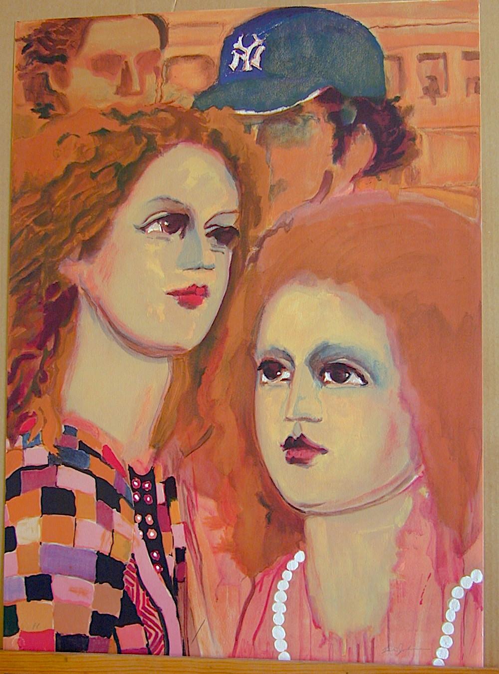 SCENE NY : Lithographie signée FACES, Portrait Women Red Hair, Man Blue Yankee Cap - Orange Figurative Print par Lester Johnson