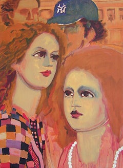 NY SCENE: FACES Signed Lithograph, Head Portrait, Women Auburn Hair, Red Lips