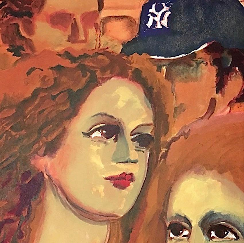 NY SCENE Signed Lithograph, Group Portrait, Red Hair, Yankee Baseball Cap - Print by Lester Johnson