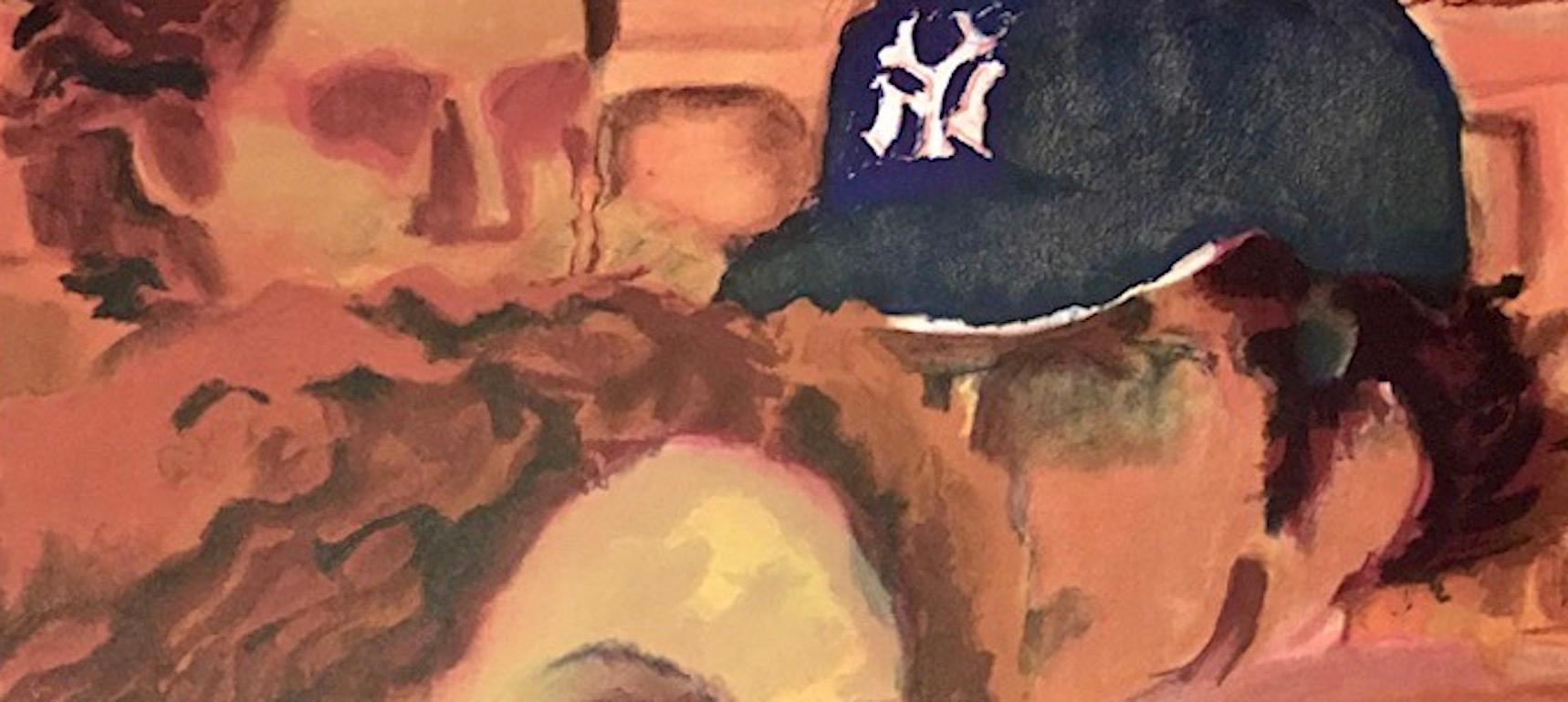 NY SCENE Litografía firmada, Retrato de grupo, Mujeres con cara de muñeca, Gorra de béisbol - Print Contemporáneo de Lester Johnson