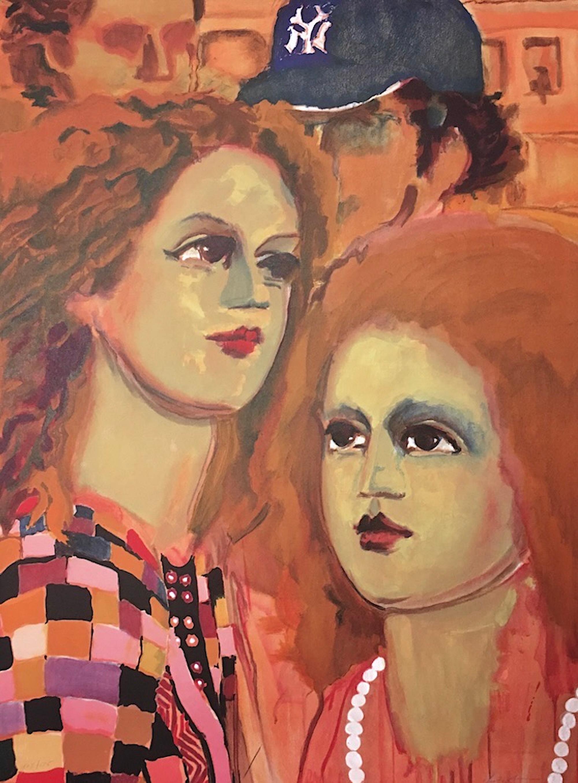 NY SCENE Signed Lithograph, Group Portrait Doll-Face Women, Yankees Baseball Cap