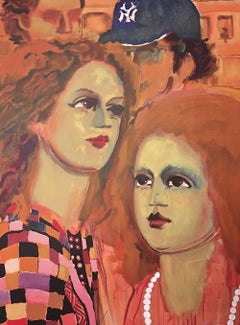 NY SCENE Signed Lithograph, Group Portrait Doll-Face Women, Yankees Baseball Cap