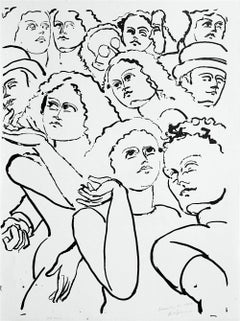 Vintage NY Street Scene I, Signed Lithograph, Crowd Portrait, Expressionist Line Drawing