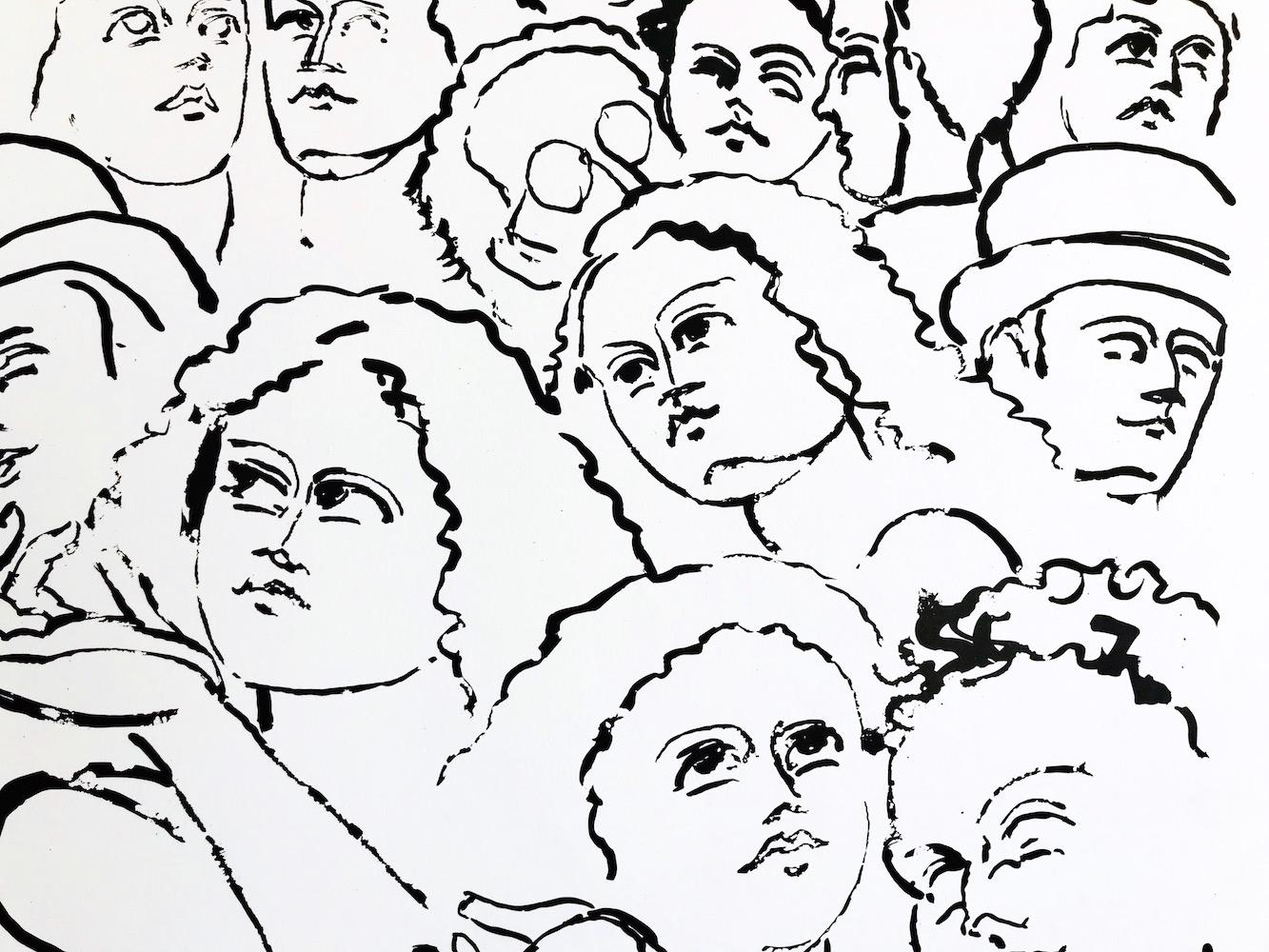 NY STREET SCENE I Litografía firmada, Retrato de una multitud de la ciudad, Dibujo lineal en negro - Print de Lester Johnson