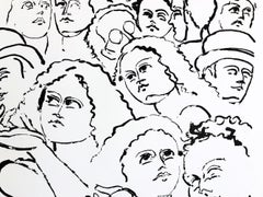NY STREET SCENE I Litografía firmada, Retrato de una multitud de la ciudad, Dibujo lineal en negro