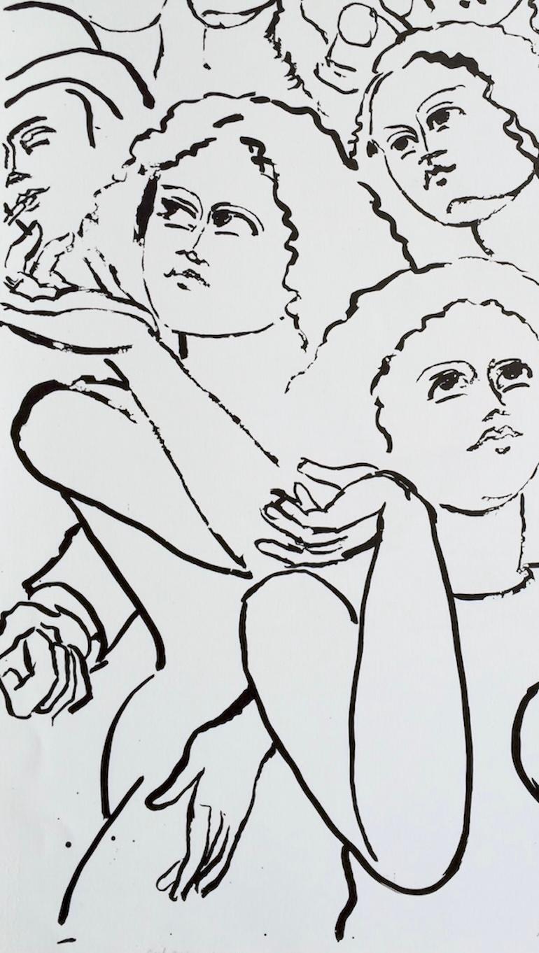 NY STREET SCENE I Litografía firmada, Retrato de una multitud de la ciudad, Dibujo lineal en negro - Figurative Print Negro de Lester Johnson