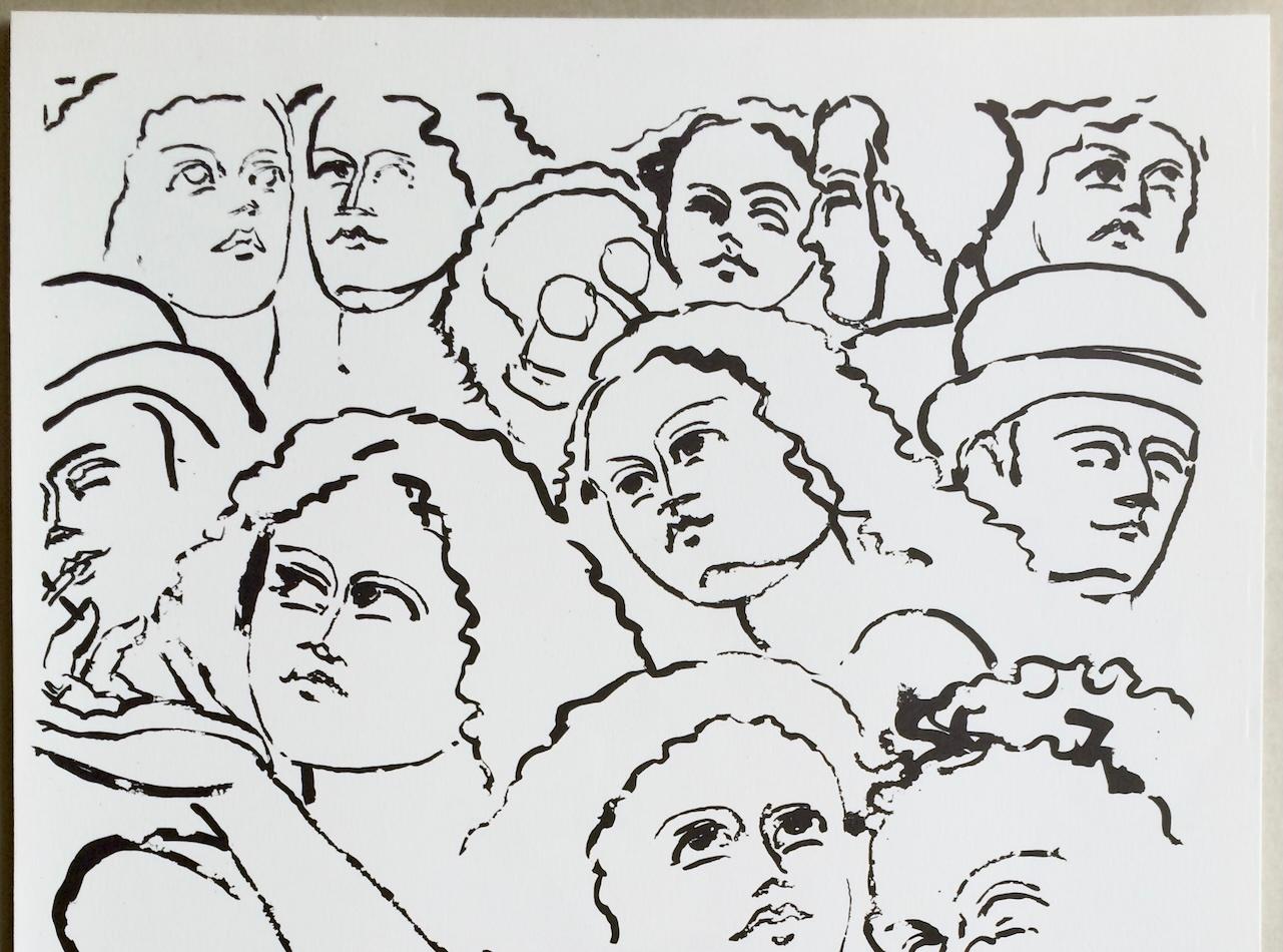 NY STREET SCENE I Litografía firmada, Retrato de una multitud de la ciudad, Dibujo lineal en negro en venta 3