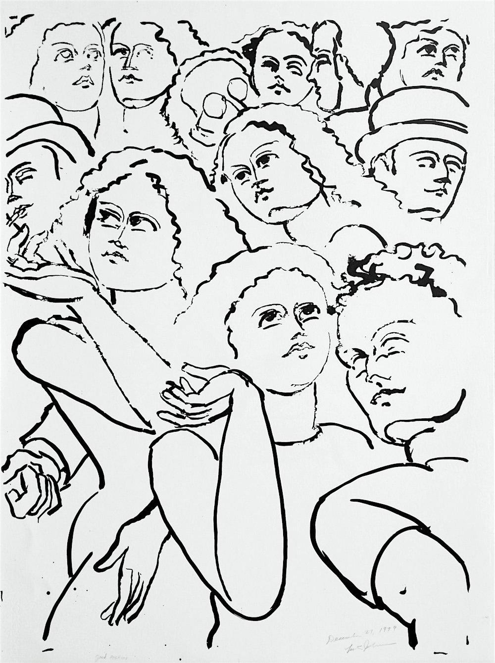 Lester Johnson Figurative Print - NY STREET SCENE I Signed Lithograph, City Crowd Portrait, Black Line Drawing