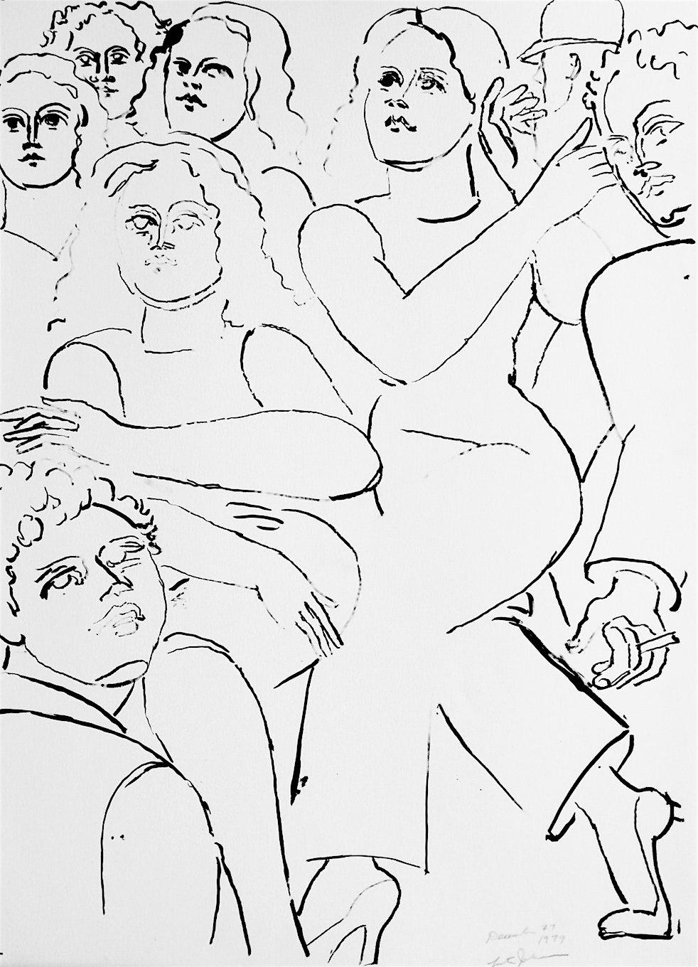 Portrait Print Lester Johnson - Lithographie NY STREET SCENE II dessinée à la main, femmes marchant, portrait de groupe, visages