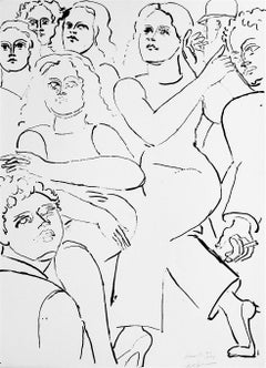 NY STREET SCENE II Hand Drawn Lithograph, Walking Women, Group Portrait, 