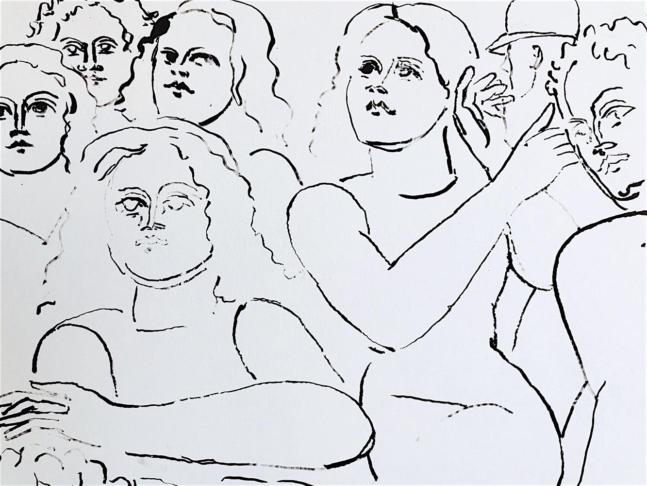 Lithographie NY STREET SCENE II dessinée à la main, femmes marchant, portrait de groupe, visages - Print de Lester Johnson