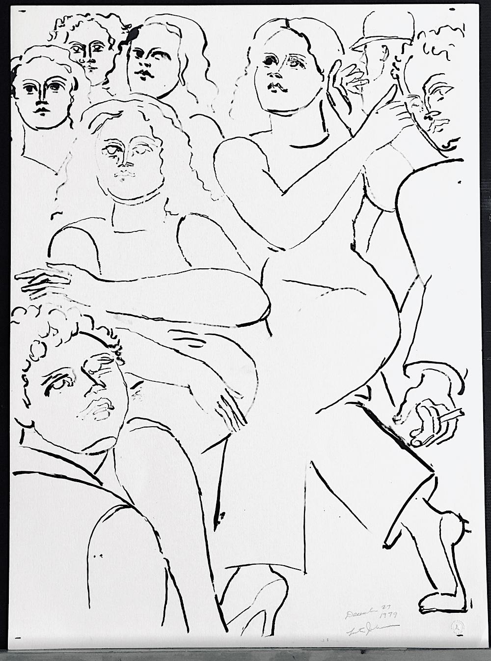 NY STREET SCENE II Litografía Dibujada a Mano, Mujeres Caminando, Retrato de Grupo, Rostros en venta 3