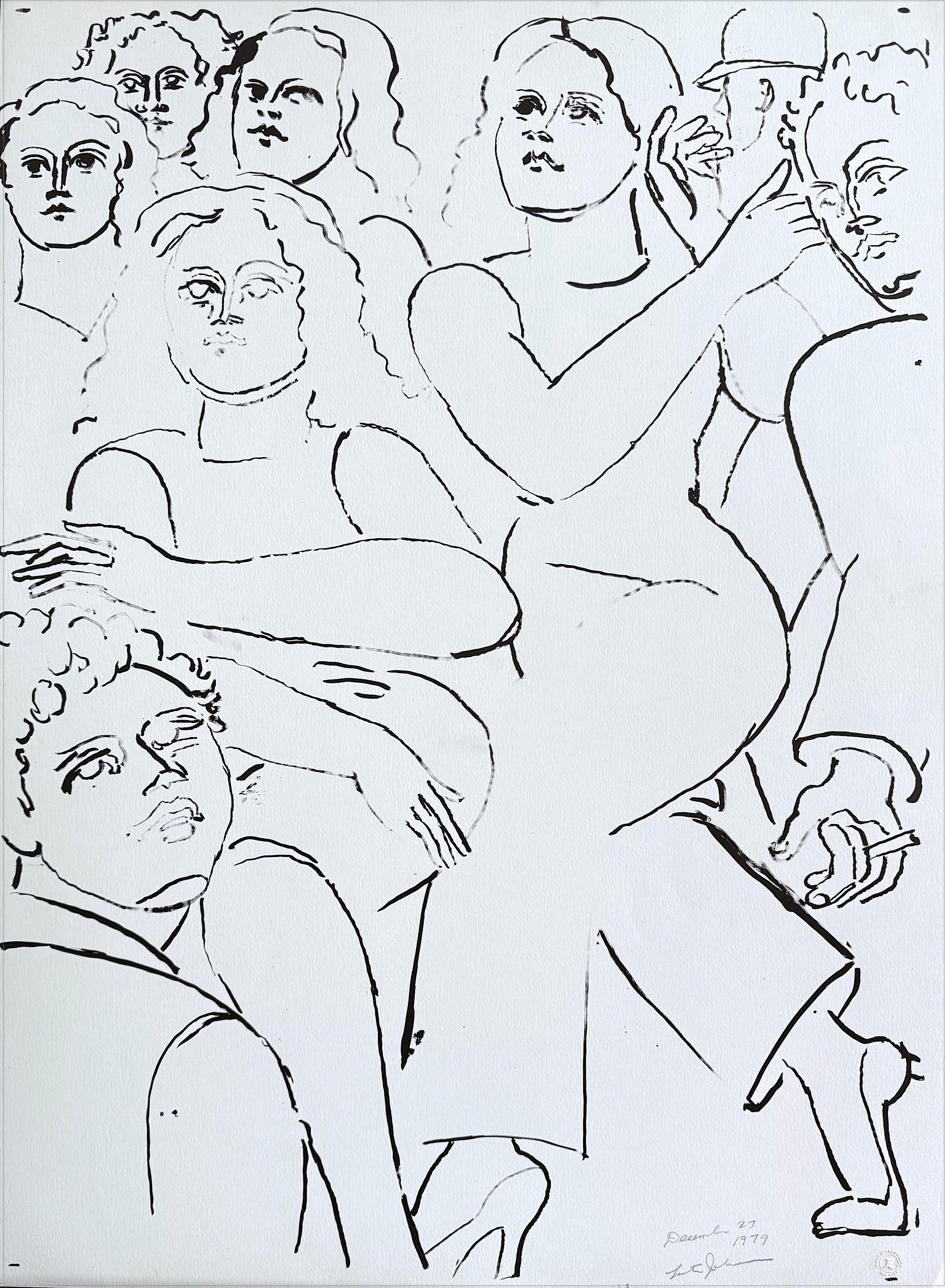 NY STREET SCENE II Litografía Dibujada a Mano, Mujeres Caminando, Retrato de Grupo, Rostros