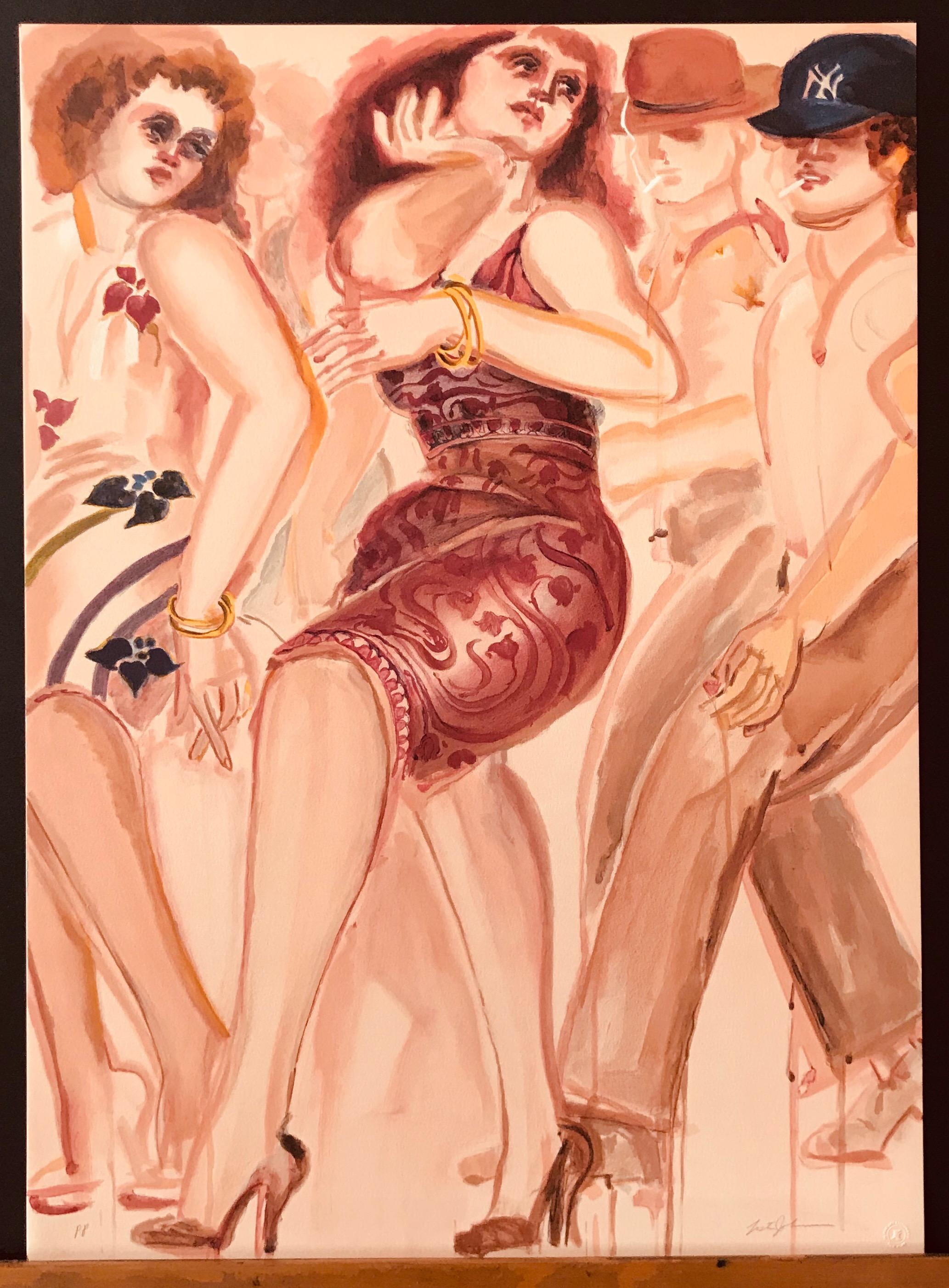 PASSING CROWD Signed Lithograph Vogue Women Floral Dress, Men Walking Yankee Cap - Print by Lester Johnson