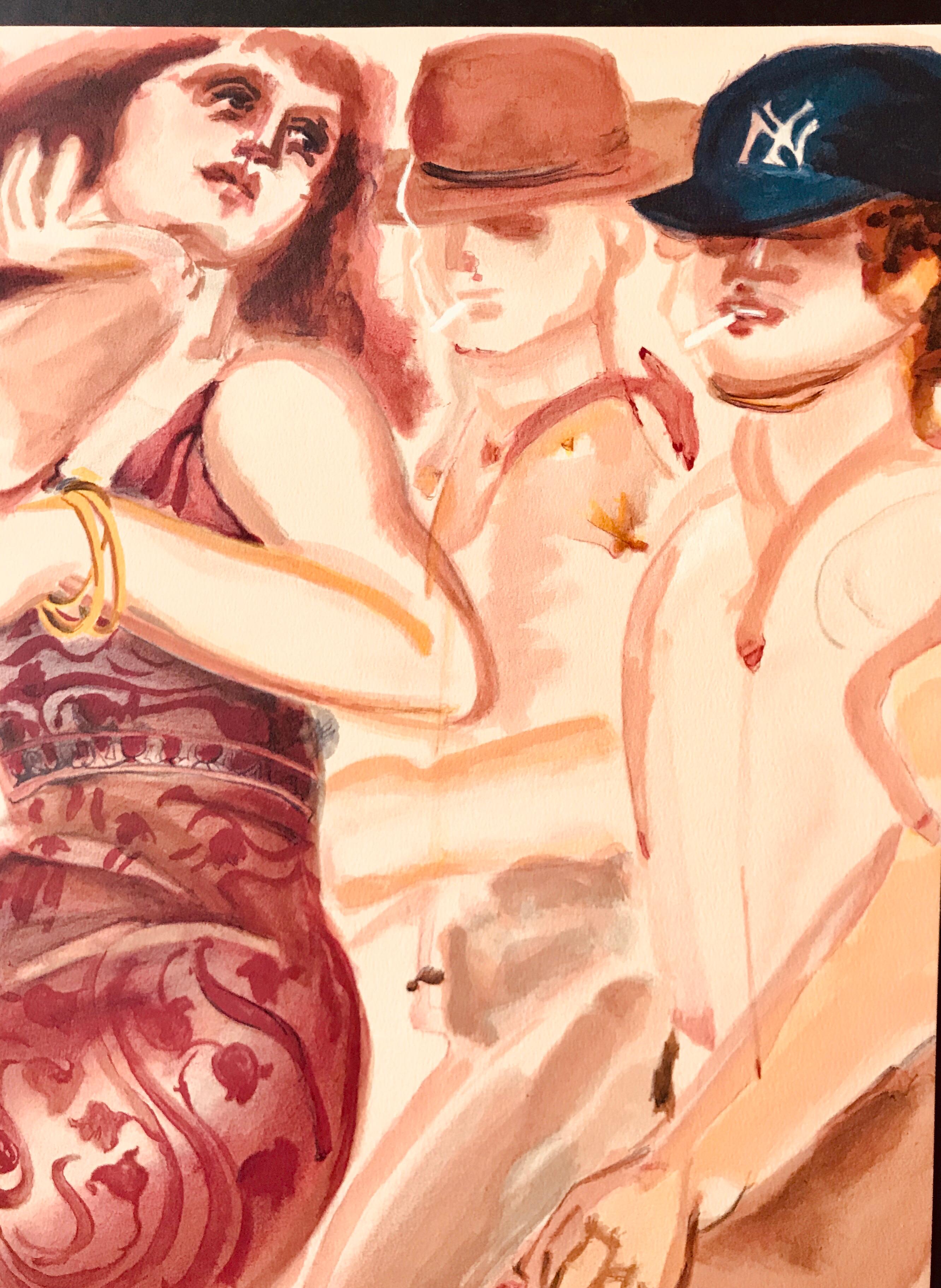CROWD PASANTE Litografía firmada Mujeres Hombres Caminando, Melocotón, Vestido Vaina Borgoña - Print de Lester Johnson