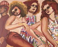 PASSING CROWD Signed Lithograph, Women Walking, Man in Hard Hat, Zigzag Dress