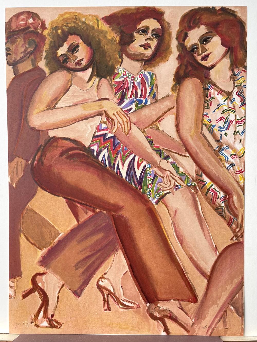 PASSING CROWD Signierte Lithographie, Frauen gehend, Mann mit hartem Hut, Zickzackkleid im Angebot 3