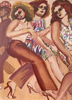 PASSING CROWD Signed Lithograph, Women Walking, Man in Hard Hat, Zigzag Dress