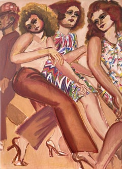 PASSING CROWD Signed Lithograph, Women Walking, Man in Hard Hat, Zigzag Dress