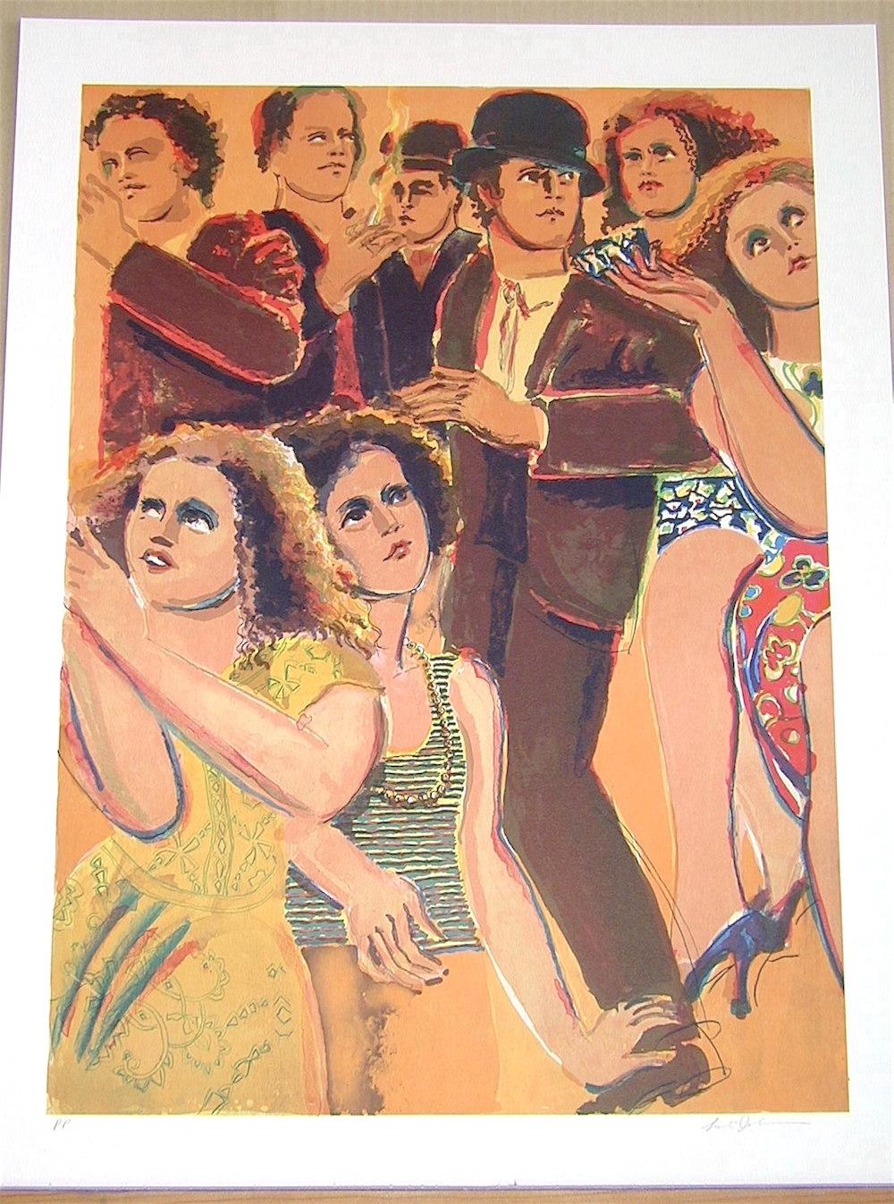 STREET SCENE is an original hand drawn lithograph by the NY painter, Lester Johnson. Printed using hand lithography techniques on archival ARCHES paper 100% acid free. In STREET SCENE a group of mannequin like male and female figures are looking
