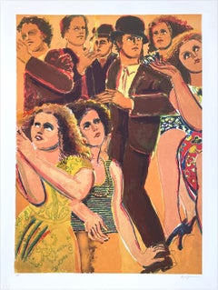 STREET SCENE Signed Lithograph, Men and Women Walking, Figurative Expressionism
