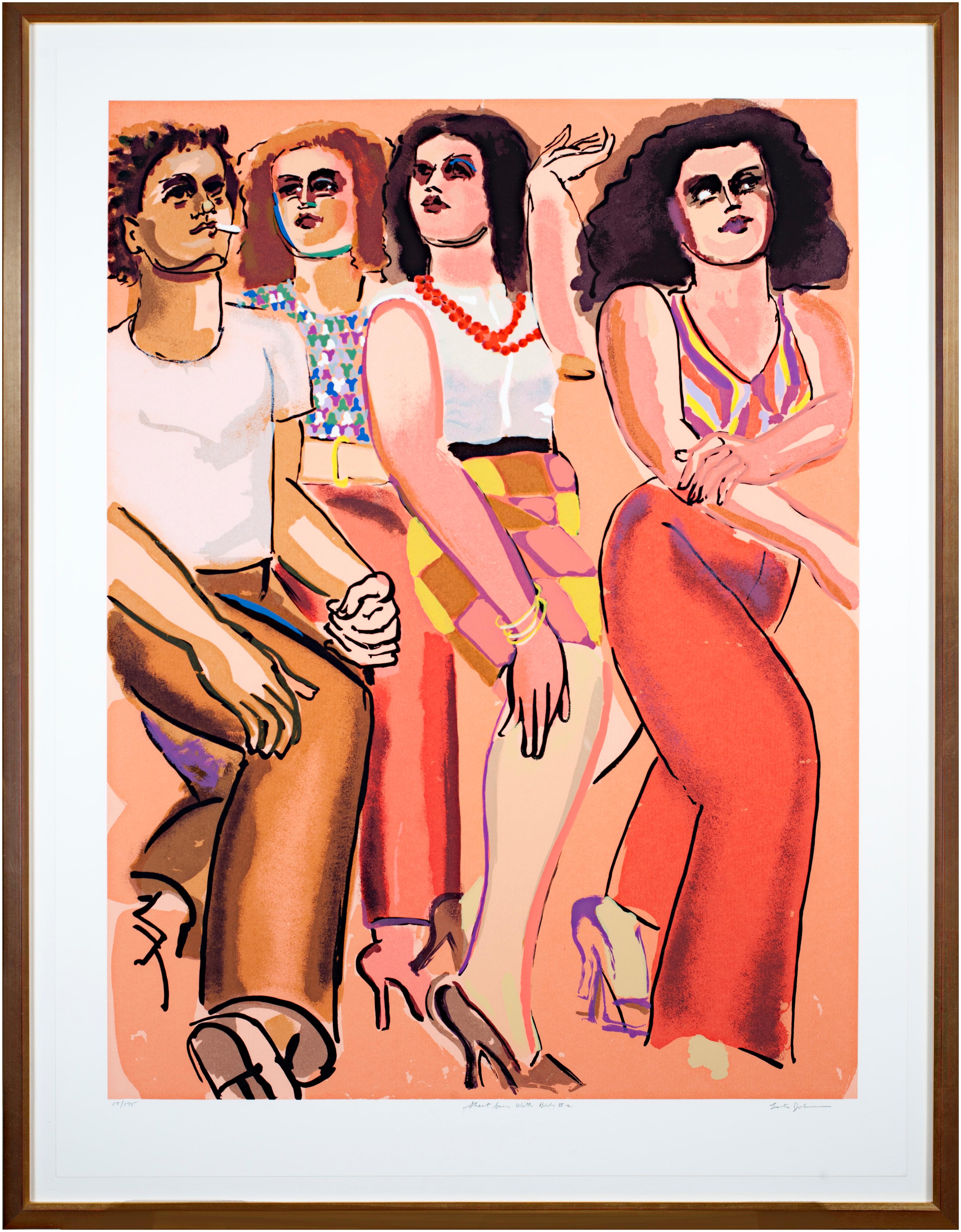 La présente œuvre est une sérigraphie originale signée par Lester Johnson, tirée de son "Street Scene Portfolio". Elle représente quatre personnages, tous vêtus d'habits de ville à la mode, emblématiques de la culture et de la vie des jeunes.