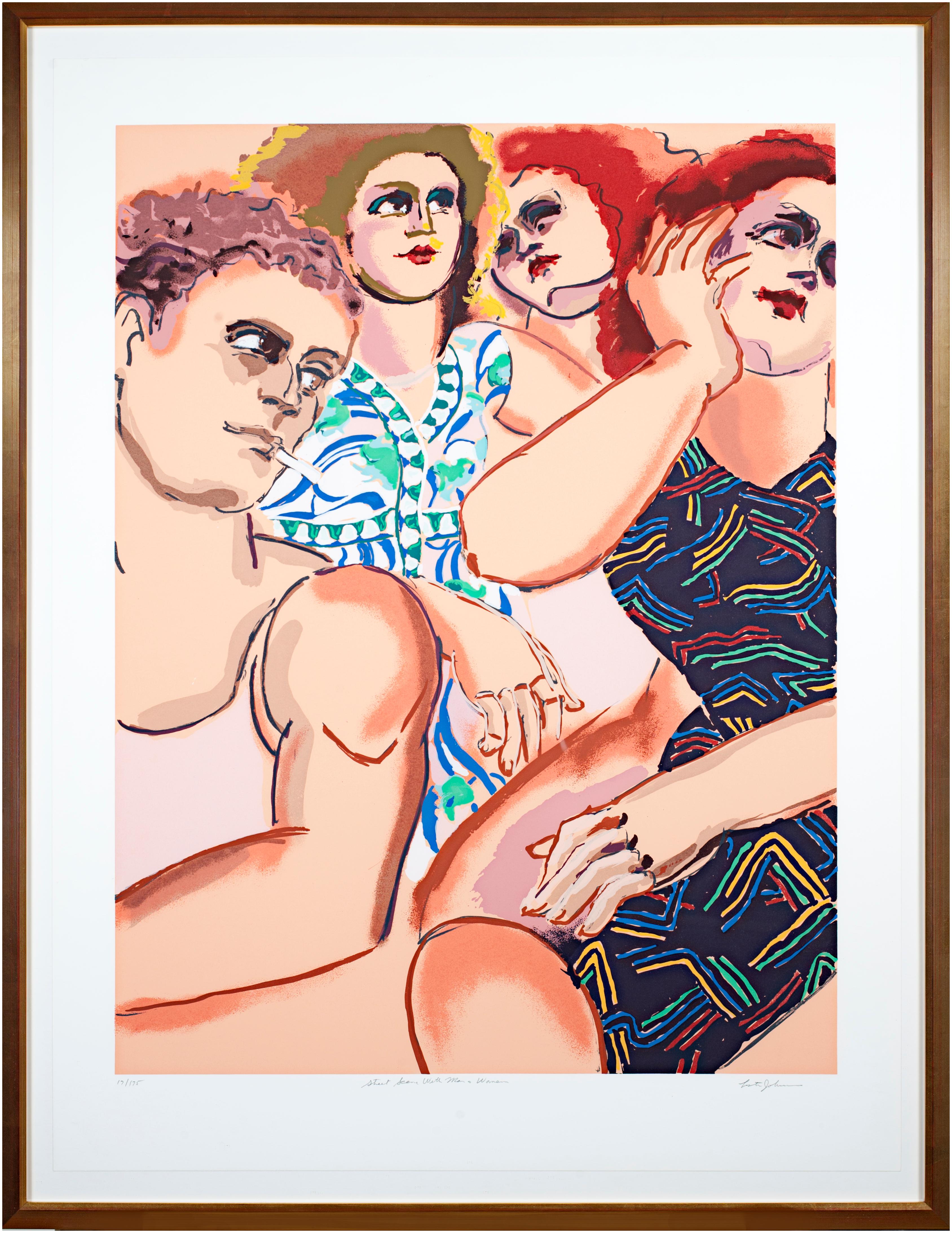 La presente obra es una serigrafía original firmada por Lester Johnson, de su "Carpeta de escenas callejeras". En ella aparecen cuatro figuras, todas ellas vestidas con ropa de calle a la moda, emblemática de la cultura y la vida juveniles. El uso