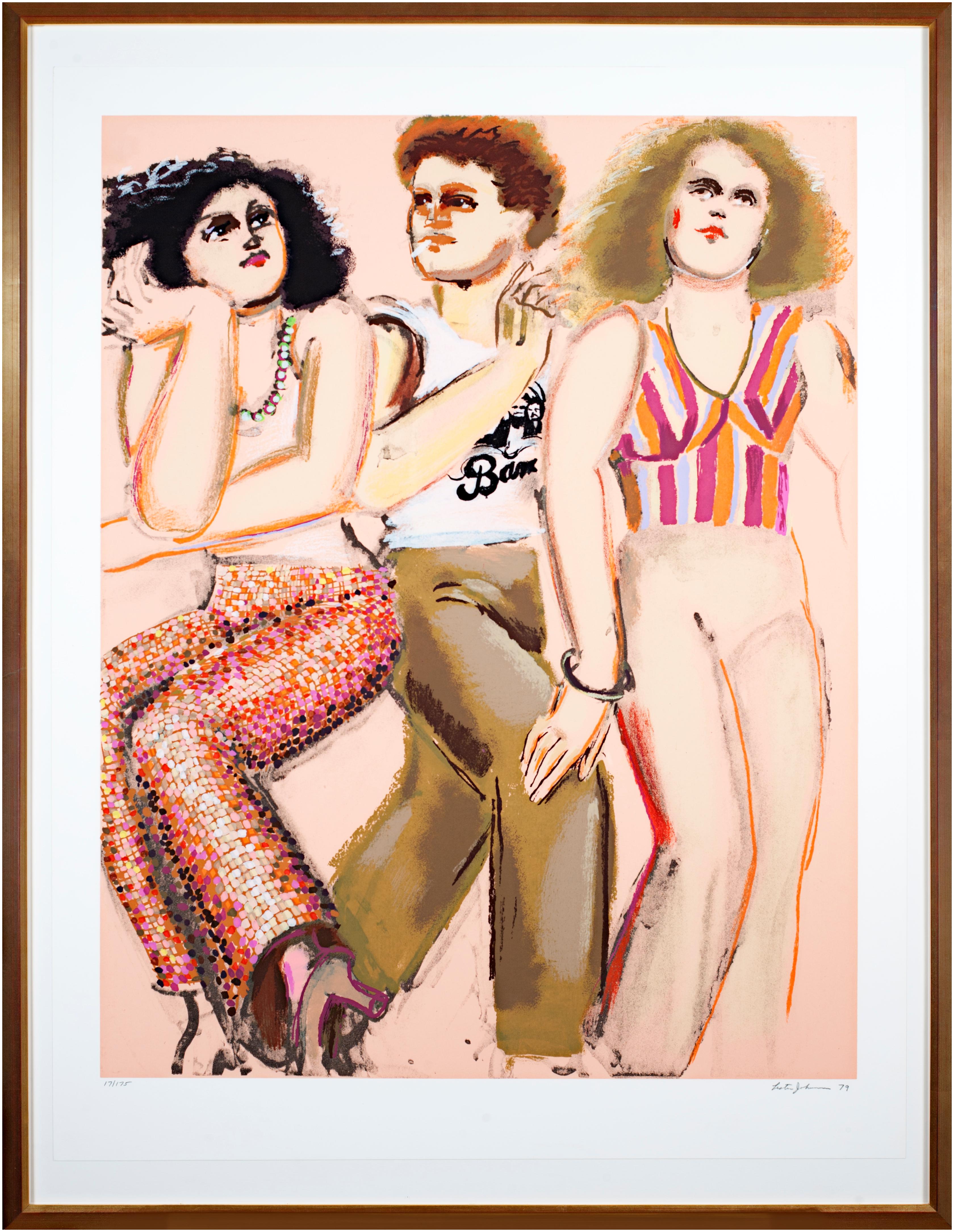 La présente œuvre est une sérigraphie originale signée par Lester Johnson, issue de son "Street Scene Portfolio" Elle représente trois personnages, tous portant des vêtements de rue à la mode, emblématiques de la culture et de la vie des jeunes.