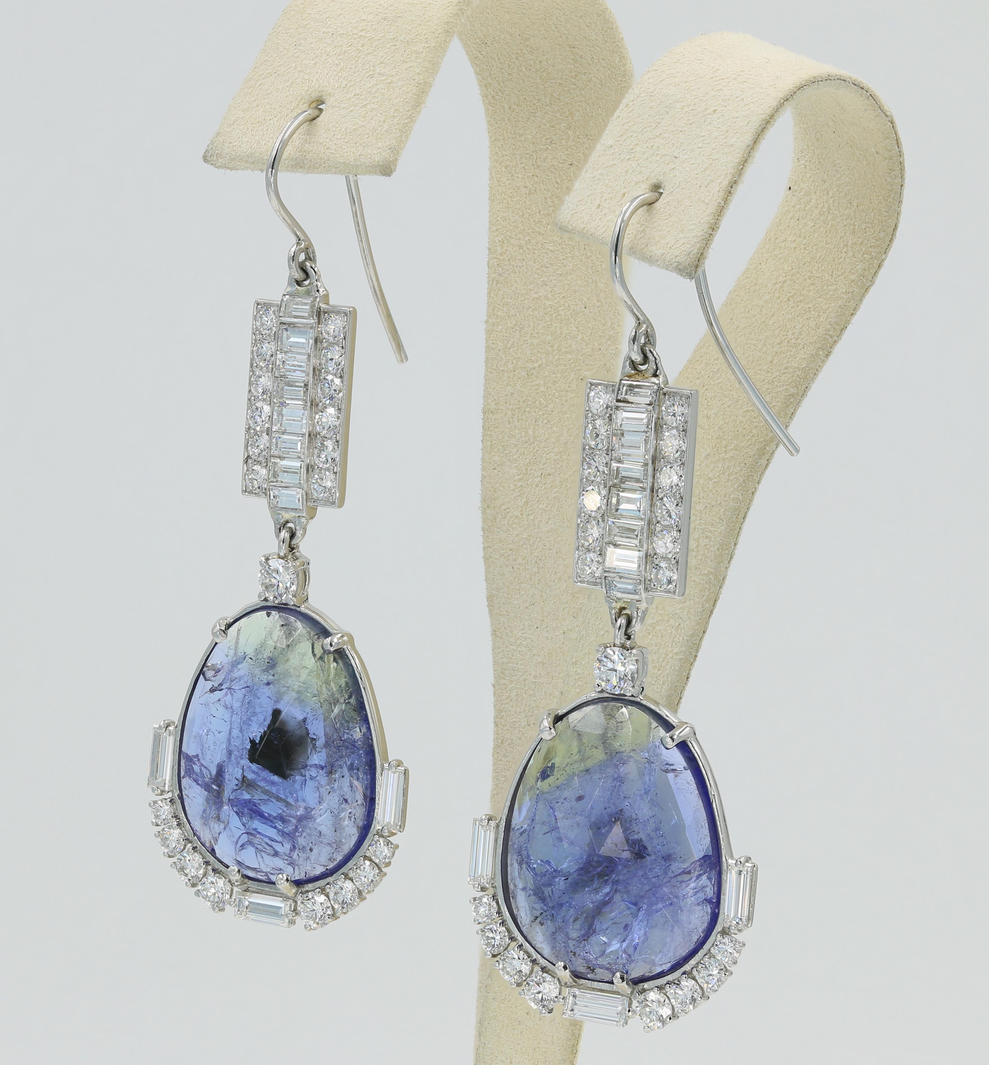 Art Deco Lester Lampert One-of-a-Kind Tanzanite and Diamond Drop Earrings in Platinum For Sale
