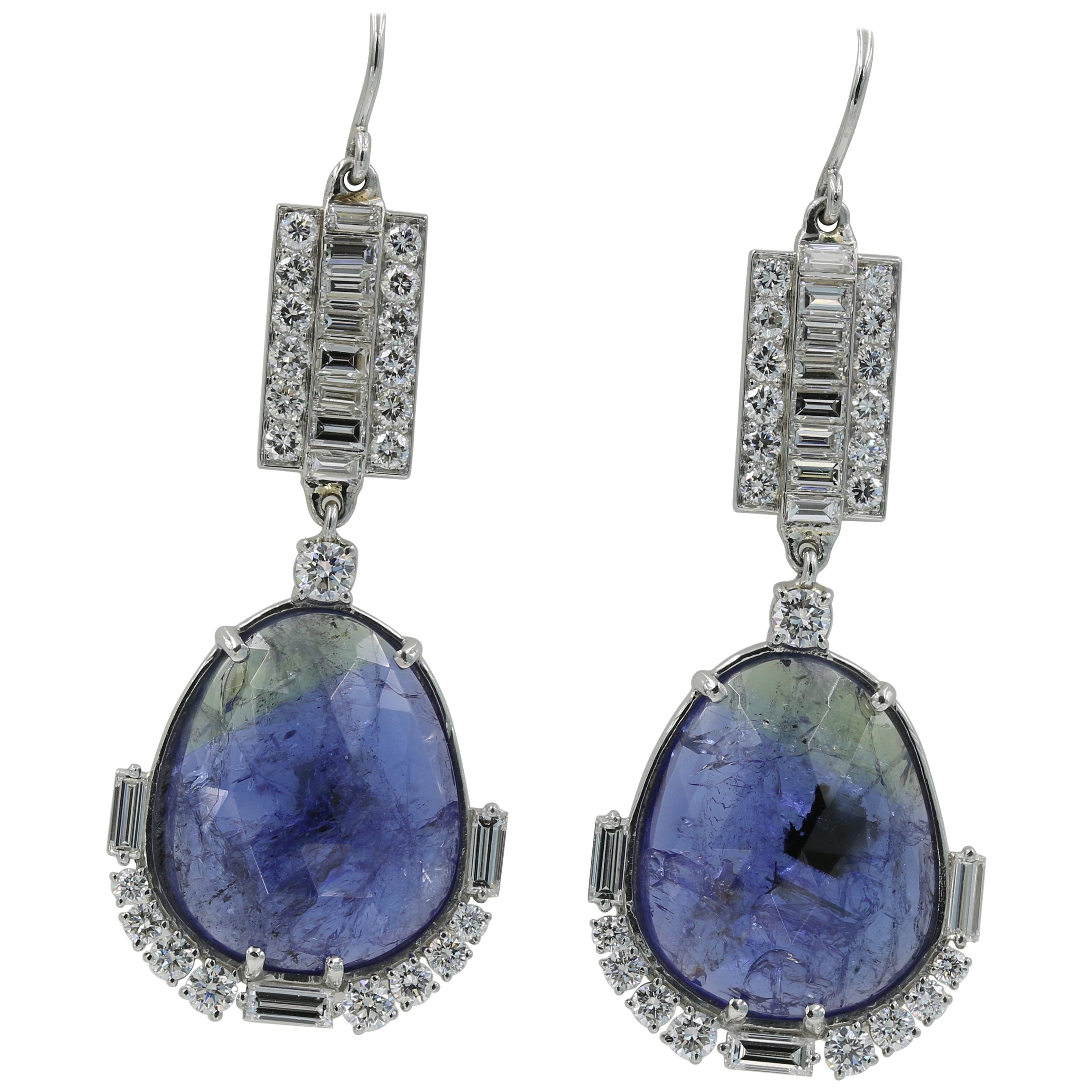 Lester Lampert One-of-a-Kind Tanzanite and Diamond Drop Earrings in Platinum For Sale