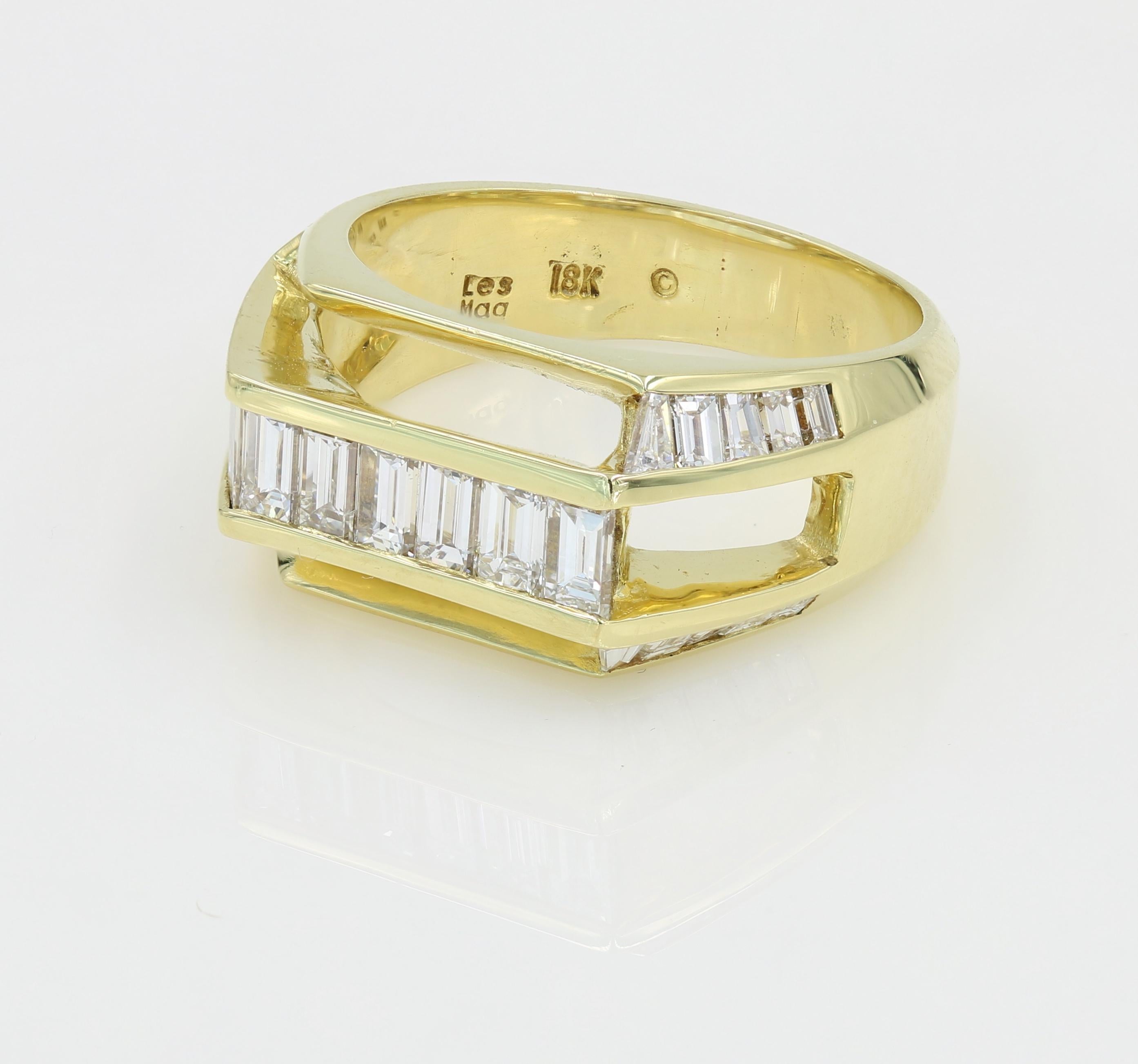 Contemporary Lester Lampert Original Design Gent's Baguette Diamond Ring in 18 Karat Gold
