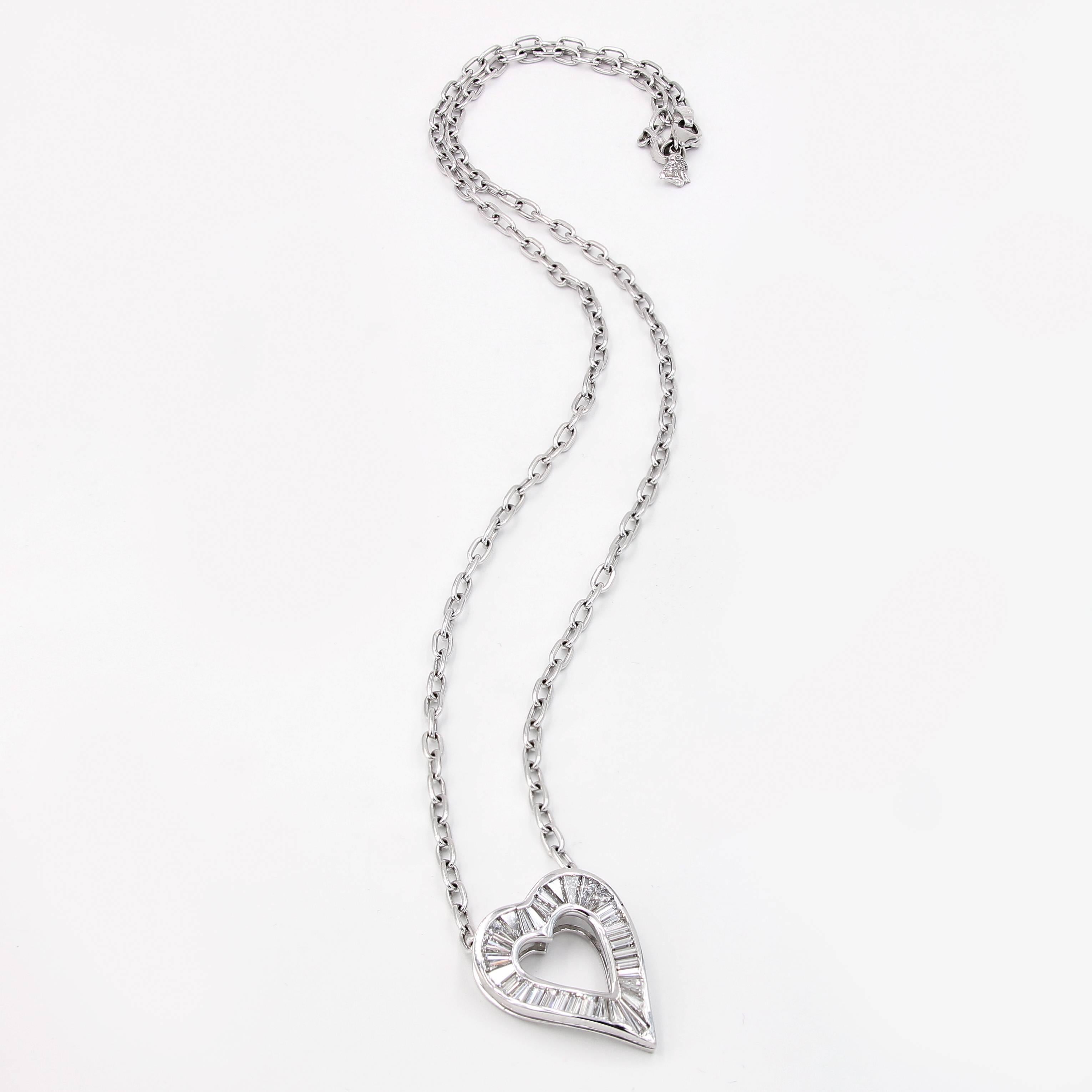 Lester Lampert Signature Large Baguette Diamond Heart Necklace In New Condition In Chicago, IL