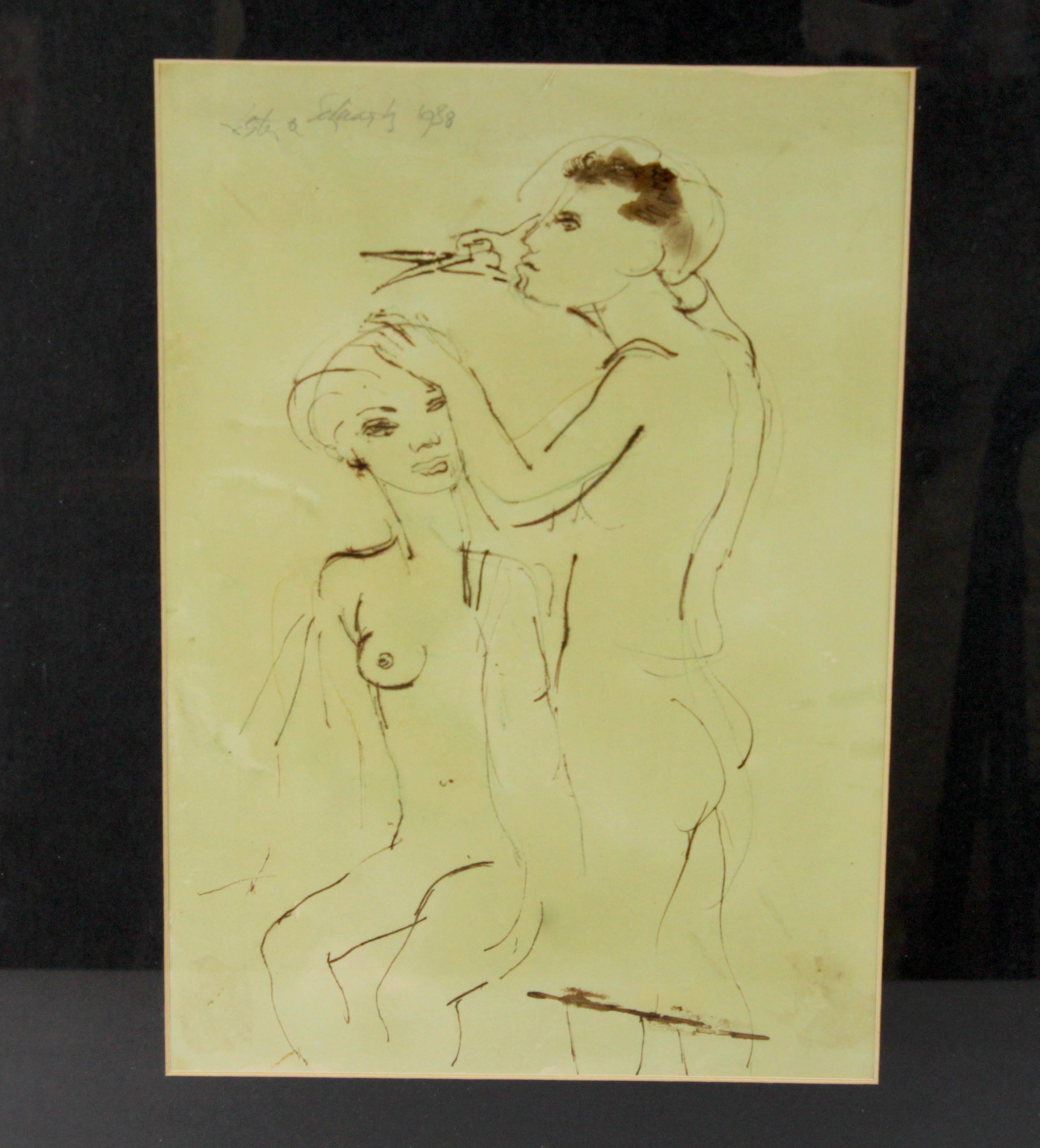The original pen and ink drawing by Lester O. Schwartz Signed and dated 1938 

' 'Untitled' nude study of a man and a woman, the male figure giving the female a haircut. 

Dimensions: Size 48 x 39 x 1.5 cm 
Size within borders 30.5 x 22 cm Weight: