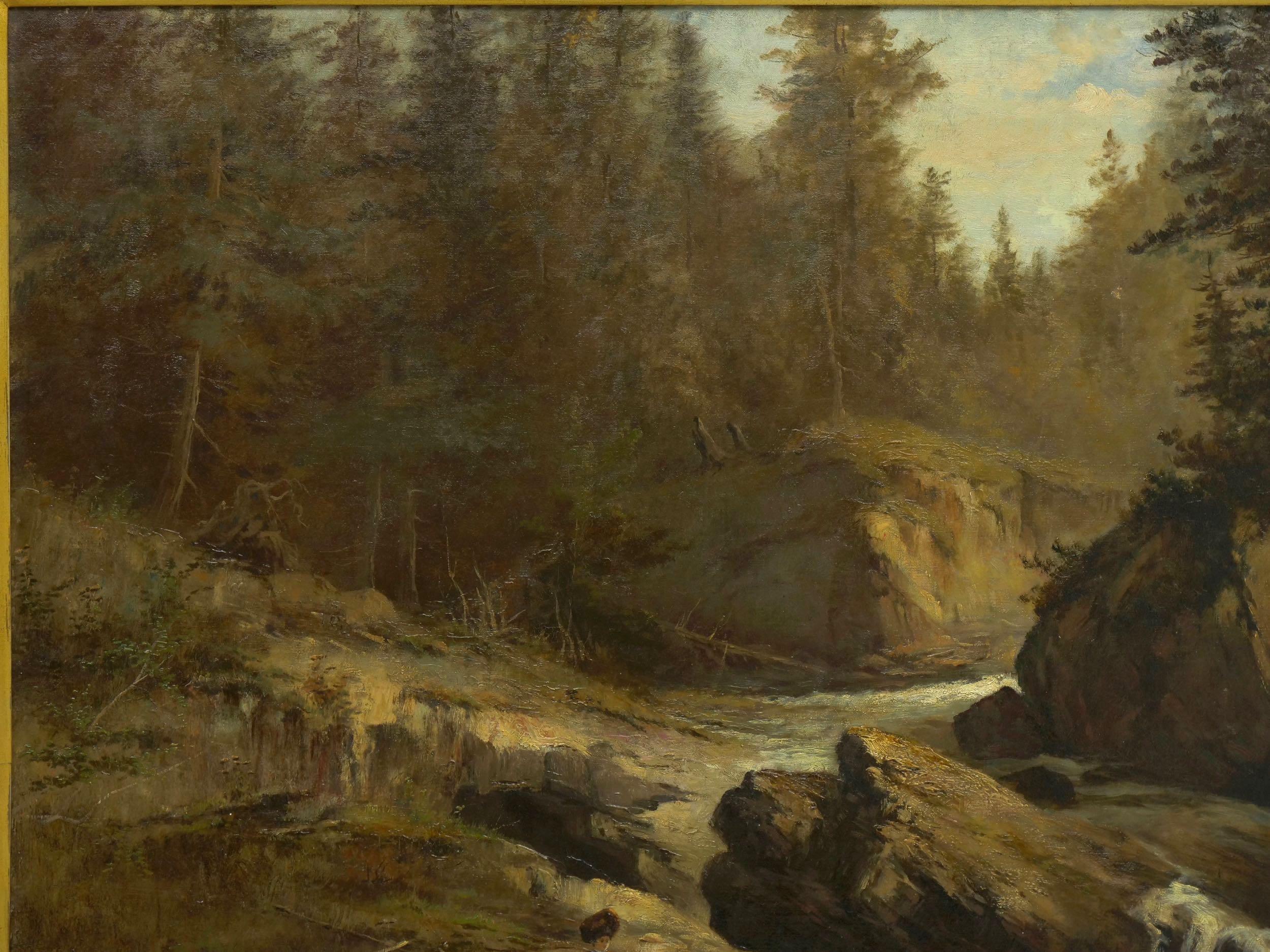 Hand-Painted “Lester River, Duluth” Antique Landscape Oil Painting by Feodor Von Luerzer