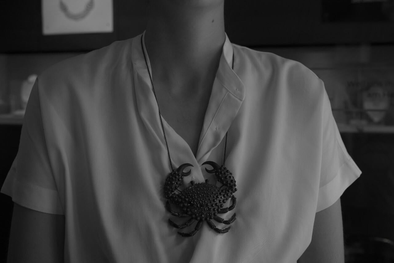 Trillion Cut Lesunja Blackened Silver Crab Necklace For Sale