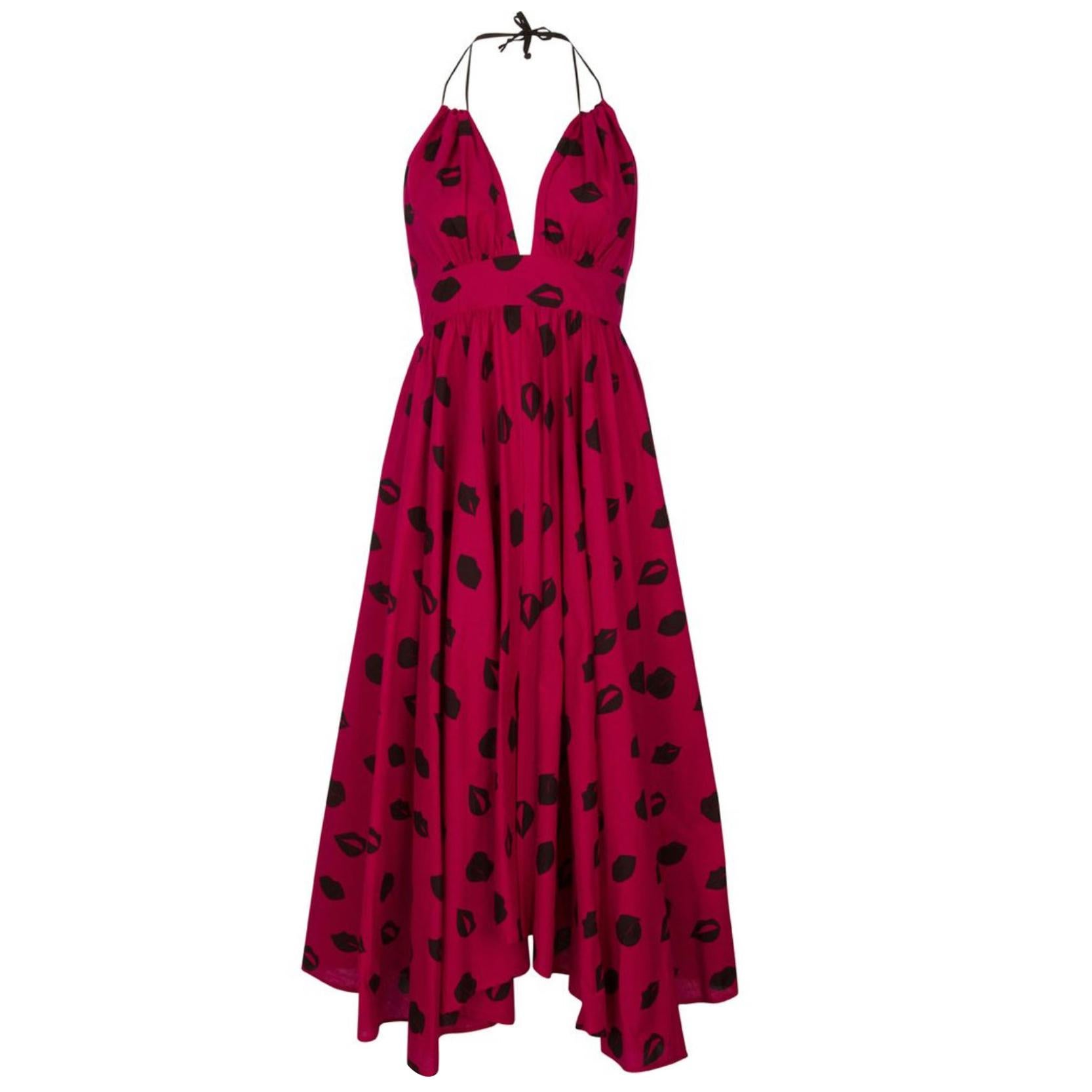LeSwim Red and Black Lips Print Halter Midi Dress Size Small For Sale