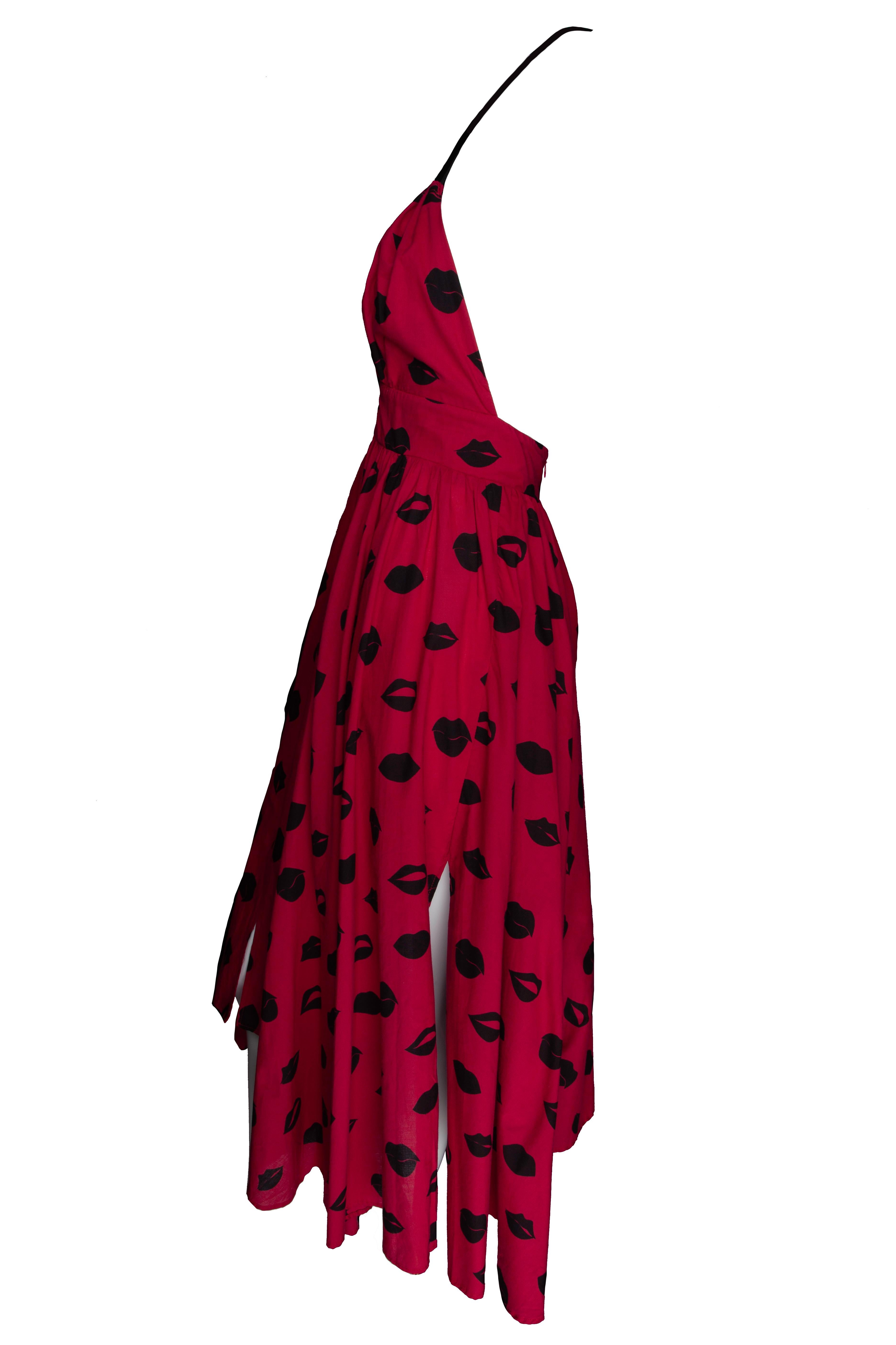 Rouge LeSwim Red and Black Lips Print Halter Midi Dress Size XS en vente