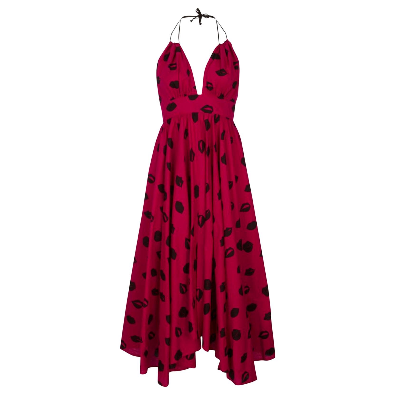 LeSwim Red and Black Lips Print Halter Midi Dress Size XS