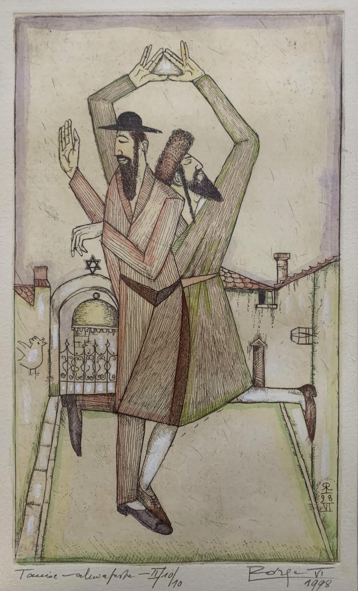 Un ballo. Acquaforte e acquerello figurativo, Judaica, Arte polacca - Print di Leszek Rózga