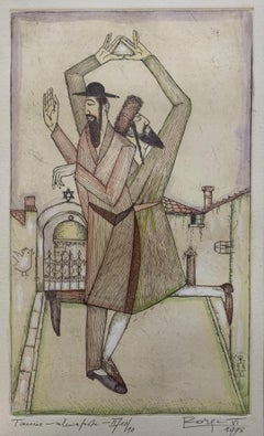 A dance. Figurative etching & watercolor, Judaica, Polish art