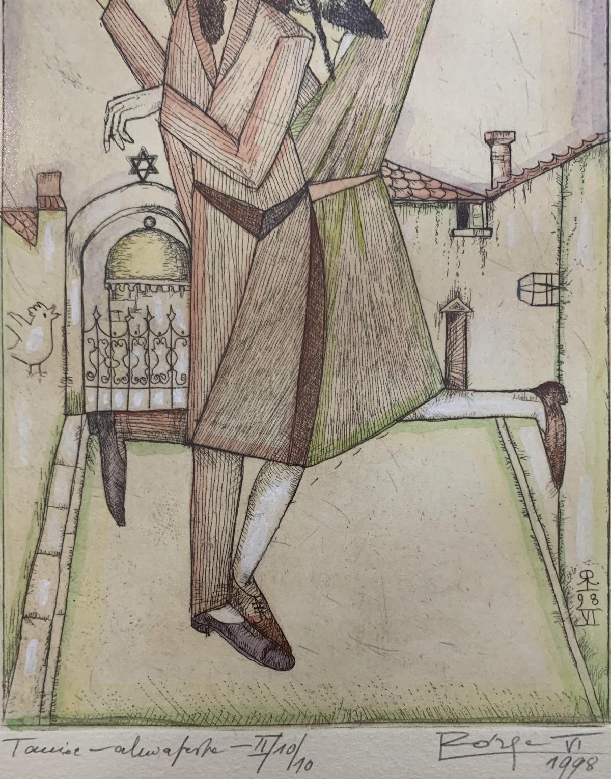 Un ballo. Acquaforte e acquerello figurativo, Judaica, Arte polacca - Abstract Print Beige di Leszek Rózga