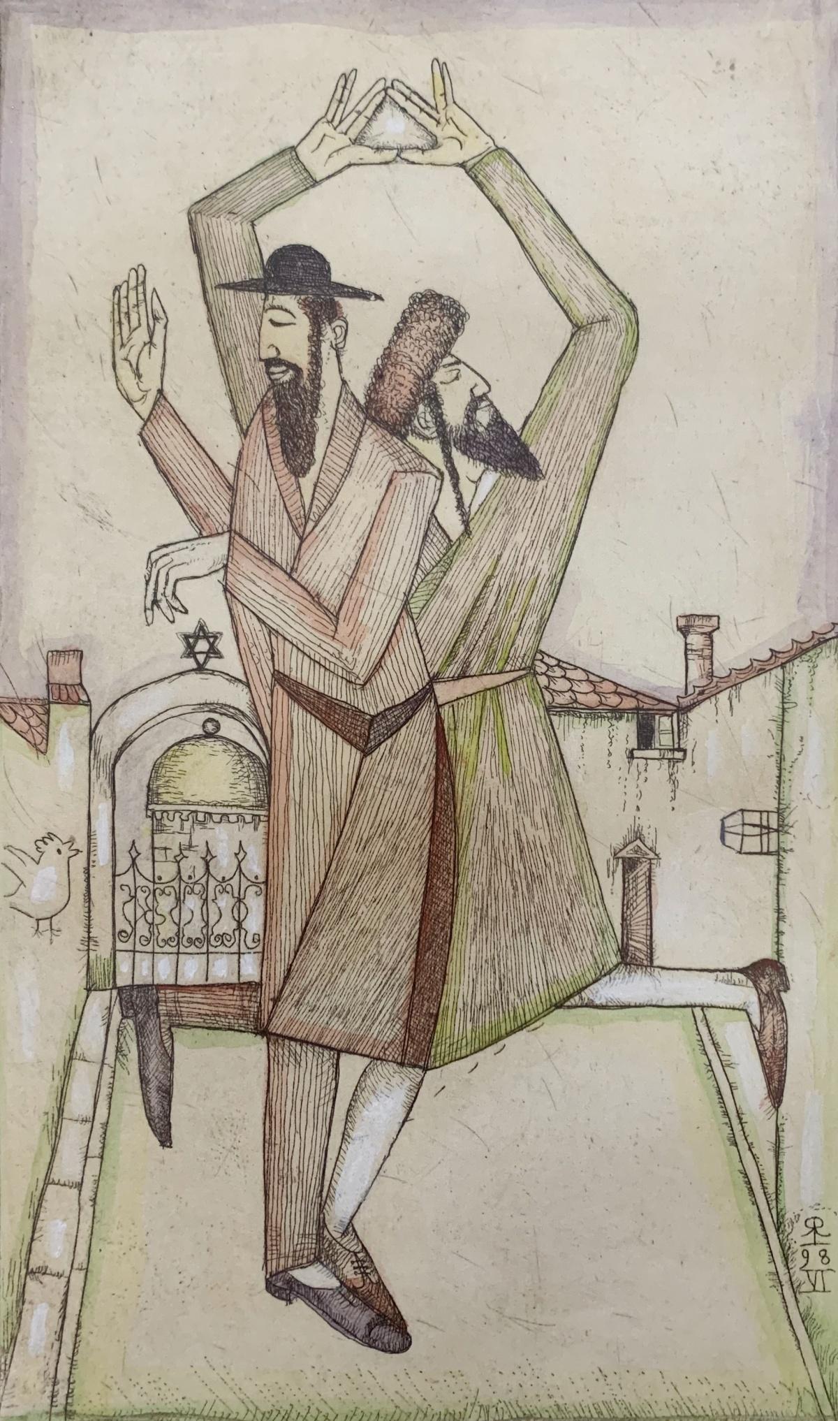 Abstract Print di Leszek Rózga - Un ballo. Acquaforte e acquerello figurativo, Judaica, Arte polacca