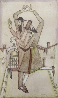 A dance. Figurative etching & watercolor, Judaica, Polish art