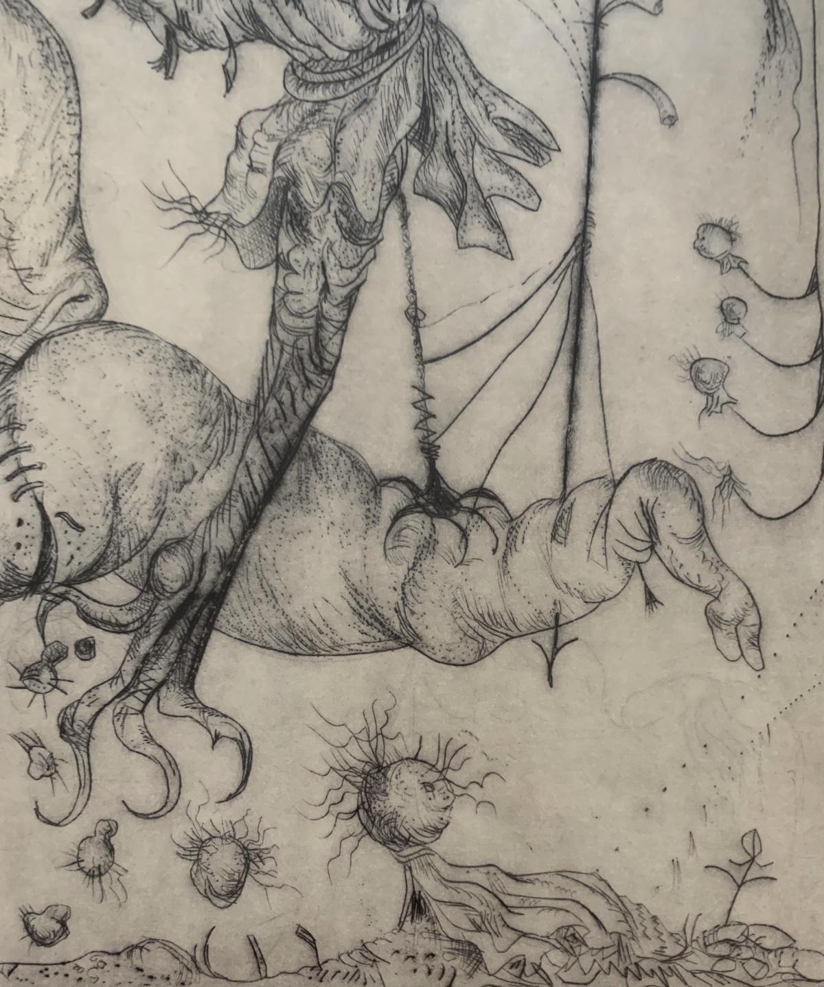 Grabado figurativo en punta seca del siglo XX del artista polaco Leszek Rozga. El grabado representa figuras abstractas, que parecen algo familiares, pero no está claro qué son. Esta pieza está firmada por el artista y procede de una edición