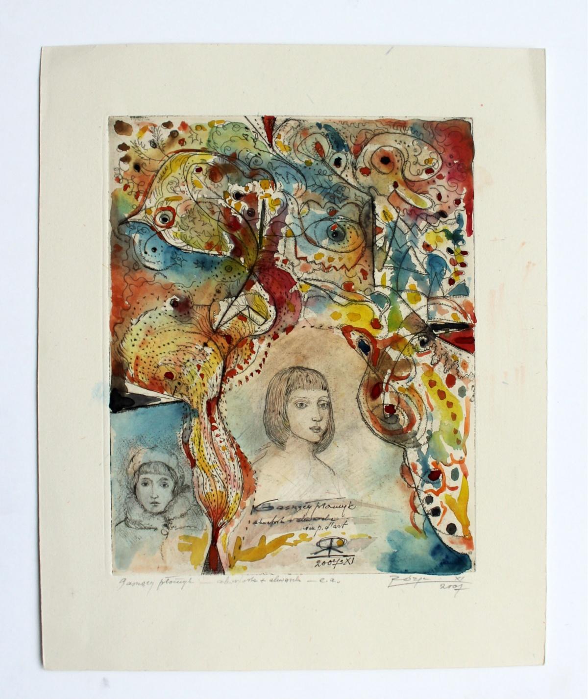 A fading flame - XXI Jahrhundert, figurativer, abstrakter Radierungsdruck mit Aquarellfarben – Print von Leszek Rózga