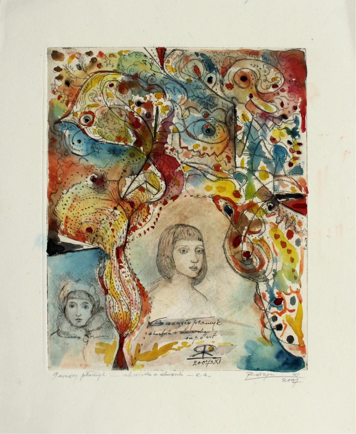 A fading flame - XXI Jahrhundert, figurativer, abstrakter Radierungsdruck mit Aquarellfarben (Zeitgenössisch), Print, von Leszek Rózga